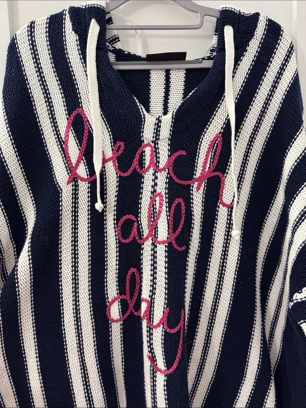 Lane Bryant Navy and White Striped Hooded Sweater with Pink Script